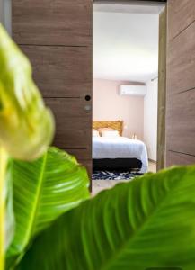 una camera con un letto e una grande foglia verde di Au Bois Bichette a La Possession