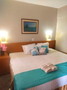 um quarto com uma cama com duas almofadas em FLAT ECONÔMICO E ACONCHEGANTE, 1Qt, sala e cozinha, Centro-GO em Goiânia