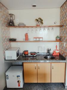 uma cozinha com um lavatório e um micro-ondas em FLAT ECONÔMICO E ACONCHEGANTE, 1Qt, sala e cozinha, Centro-GO em Goiânia