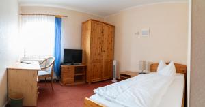 Schlafzimmer mit einem Bett, einem Schreibtisch und einem TV in der Unterkunft Landhotel Biberburg in Bad Liebenwerda