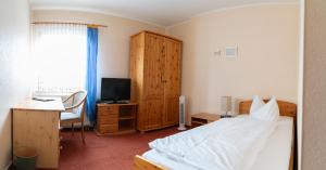 a bedroom with a bed and a desk and a television at Landhotel Biberburg in Bad Liebenwerda