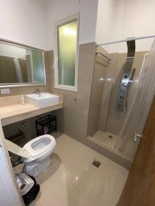 uma casa de banho com um WC, um lavatório e um chuveiro em Downtown Apartament Retiro em Buenos Aires