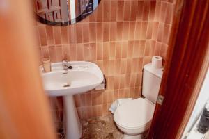 ein Badezimmer mit einem Waschbecken, einem WC und einem Spiegel in der Unterkunft Cal Miquel in Pobla de Segur