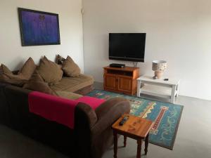 ein Wohnzimmer mit einem Sofa und einem TV in der Unterkunft Bromley Loft in Port Alfred