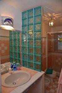 uma casa de banho com um lavatório, um chuveiro e um WC. em Casa UGB em Cannigione