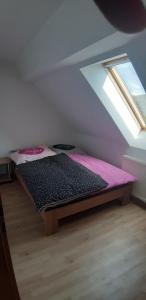 Cama pequeña en habitación con ventana en Biohof Laibacher, en Stubenberg