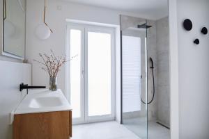 baño con ducha, lavabo y puerta de cristal en Dahmeloft, en Dahme