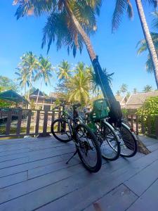 due biciclette parcheggiate su una terrazza in legno con palme di Villa Oasis a Luang Prabang