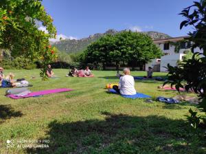 eine Gruppe von Menschen, die im Gras sitzen in der Unterkunft Agriturismo Asara in Padru + 14 Fotos
