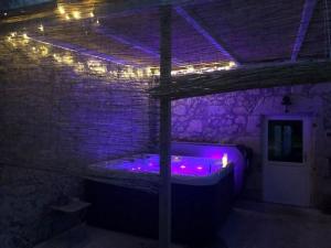 a room with a brick wall with a hot tub with purple lights at Chambre d'hôtes Le Bol d'Air avec jacuzzi in Castelnau-sur-lʼAuvignon
