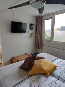 Schlafzimmer mit einem Bett und einem Flachbild-TV in der Unterkunft Bed & Breakfast d'Ouwe Smidse in Kamperland