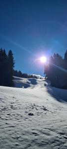 a snow covered field with the sun in the background at Hotel Montjola Nova in Schruns