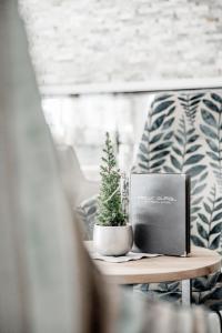 un pequeño árbol en una mesa junto a un ordenador portátil en Skihotel Haus Gurgl en Obergurgl