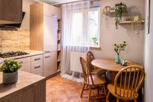 a kitchen with a table and chairs and a window at Novinea Noclegi Ostrów Tumski in Poznań