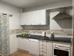 a kitchen with white cabinets and a sink at El Balcón de la Covatilla in Béjar