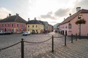 a cobblestone street in a town with buildings at Apartmany Zechenterova in Kremnica