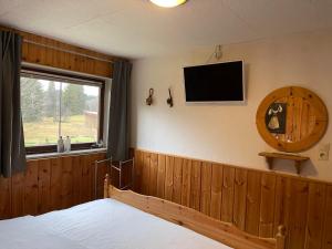 - une chambre avec un lit et une télévision à écran plat dans l'établissement Häusle in der Tannenmühle, à Seeg