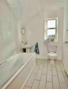 Lovely 2-Bed House in St Andrews Scotland في سانت أندروز: حمام مع حوض ومرحاض ومغسلة