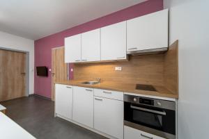 a kitchen with white cabinets and a sink at Pension Janský Potok II. in Janske Lazne