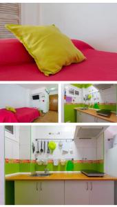 ベナルマデナにあるStudio Agata Residencialのベッド1台と黄色い枕付きの部屋の写真2枚