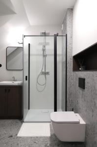 W łazience znajduje się prysznic, toaleta i umywalka. w obiekcie Apartamenty Legionów 40 - A12 w Kaliszu