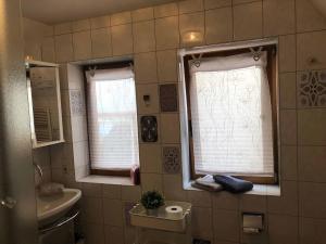 バート・ピルモントにあるAppartementhaus Blumeのバスルーム(洗面台、トイレ、鏡付)