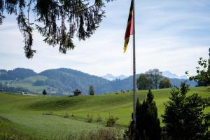 a flag on a green field with mountains in the background at Gasthof Schnittweierbad in Steffisburg