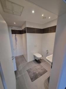 a bathroom with a toilet and a bath tub at Villa Schönfeld Wohnung 1 in Papenburg