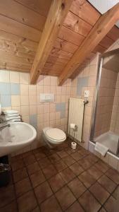 ein Badezimmer mit einem WC, einem Waschbecken und einer Badewanne in der Unterkunft Landgasthof Jägerhaus in Immenstadt im Allgäu
