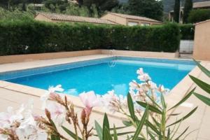 a blue swimming pool with white flowers in the foreground at Appartement rénové à Cavalière avec terrasse in Le Lavandou