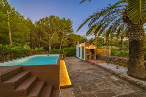 a swimming pool in a backyard with a palm tree at Villa Es Morer in Alcudia