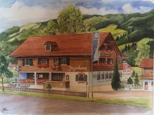 a painting of a restaurant with a mountain in the background at Landgasthof Jägerhaus in Immenstadt im Allgäu