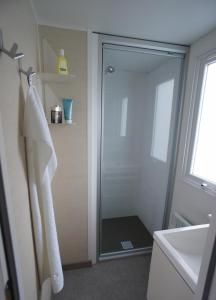 een badkamer met een douche en een glazen deur bij Cottage 