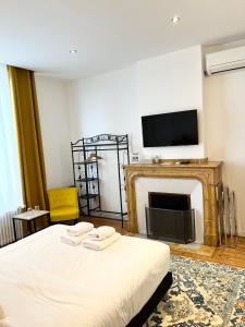 una camera con letto e camino con TV di SalutBB Chambre d'hote a Carcassonne