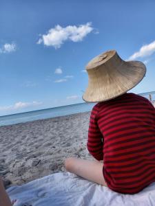 een persoon met een rieten hoed zittend op het strand bij Pension Haus Magarethe am Meer Poel in Insel Poel
