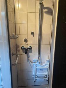 een badkamer met een douche en een toilet. bij Ferienwohnungjahrsfeld in Straßenhaus +20 foto's
