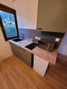 a kitchen with a counter with a sink and a window at Studio Châtel rénové et lumineux in Châtel