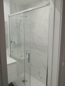 um chuveiro com uma porta de vidro na casa de banho em Madeira, 3 bedroom apartment with ocean views in Funchal em Funchal