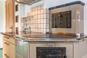 a kitchen with a stove and a counter top at Ferienhaus Mittersill am Biohof Widholz in Mittersill