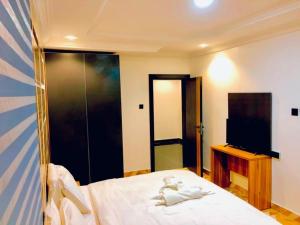- une chambre avec un miroir, un lit et une télévision dans l'établissement Jotani Living, à Lagos