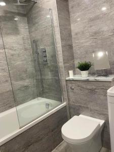 uma casa de banho com um chuveiro, um WC e uma banheira em Spacious and Cosy 2 Bedroom Flat in Bermondsey em Londres