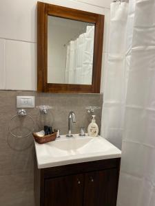 a bathroom with a sink and a mirror at Departamento para 2 personas in Rosario