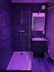 uma casa de banho roxa com uma banheira e um lavatório em NARCISSE Balnéo, Sauna, Hammam em Reims