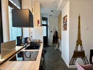 eine Küche mit einer Theke mit einer Spüle und einem Turm in der Unterkunft Logement GUÉNOT pour 5 personnes sur Paris 11 in Paris