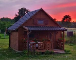 ein kleines Haus mit einem Sonnendach auf einem Feld in der Unterkunft Domek Triftberg in Chojna