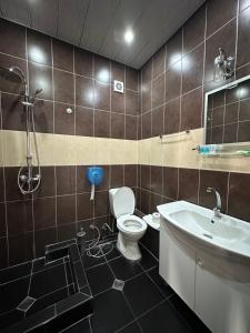 a bathroom with a toilet and a sink and a shower at MARJANI apartments in Tbilisi City