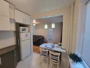 a small kitchen with a table and chairs and a refrigerator at Cozy spacious apartment in Chişinău