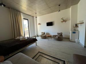 um quarto com uma cama, uma televisão e um sofá em Eco Garden Kutaisi em Kutaisi