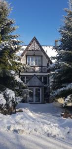 una casa en la nieve con árboles delante en Vila Jedľa, en Vysoké Tatry