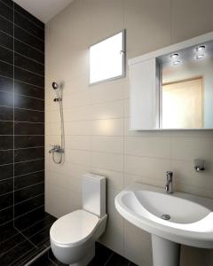 La salle de bains est pourvue de toilettes, d'un lavabo et d'un miroir. dans l'établissement Golden Residence Family Resort, à Pefkohori